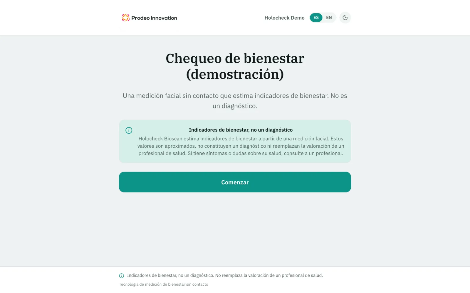 Kiosco de autoservicio de Holocheck: inicio del chequeo de bienestar, con aviso de que son indicadores de bienestar y no un diagnóstico