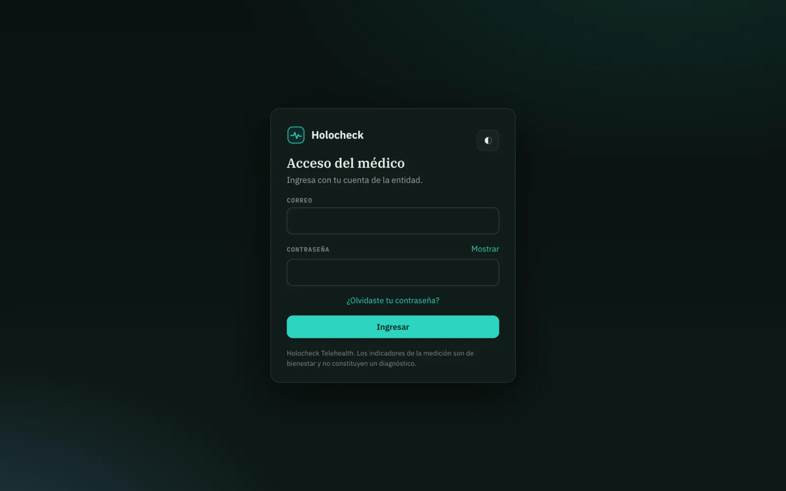 Acceso a la consola clínica de Holocheck, en modo oscuro